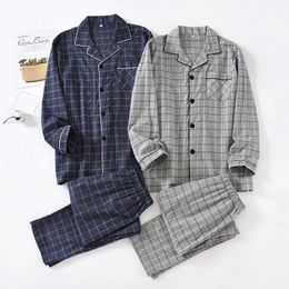 Men's Sleepwear spring and autumn men's plaid pajamas cotton flannel home service large size long-sleeved trousers soft suit sleep wear men 230518