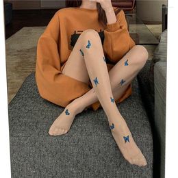 Women Socks Girls Blue Butterfly Print Pantyhose Summer Style Ultra-Thin Silky Tights Fishnet Mesh Thin Female Hosiery