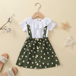 Clothing Sets 1-4Years Girls Pieces Clothes Outfit Ruffle Round Neck T-Shirt and Dot Printed Strap Skirt Summer Clothing