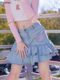 Skirts Sweet Lolita Style Mini Denim Skirts Girls Harajuku Y2k Ruffles Hearts Letter Embroidery JK Skirt Women Sexy Cute Pleated Skirt 230518