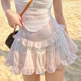 Kawaii Cute Ruffle Skirt Women Pink Sweet High Waist Lace Patchwork Fairycore Mesh A-line Mini Skirt Summer Girl