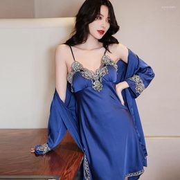 Women's Sleepwear Women's Two-Piece Pajamas Summer Artificial Silk Sexy Lace Sling Ice Thin Robe Home Wear