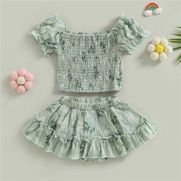 Clothing Sets Summer Girl Clothing Sets Casual Style Floral Print Short Sleeve Ruched Tops and Lined Shorts Baby Clothes Children Kids Outfits