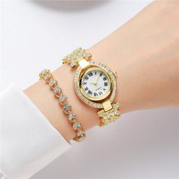 Wristwatches Luxury Temperament Rhinestone Women's Quartz Watch 2023 Fashion Diamond Encrusted Roman Numerals Ladies Wrist 2 Pcs