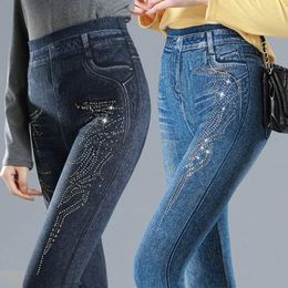 Women's Leggings Rhinestone Imitation Jeans Women For Casual Pants Elastic Tight Legging High Waist Tights Ladies Clothing