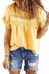 yellow Swiss Dot Lace Splicing Short Sleeve Top 48po#