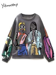 Kadın Hoodies Sweatshirts Yitimuceng Moda Karikatür Baskı Sweatshirtleri Kadınlar İçin 2023 Yeni Bahar Uzun Kollu O Boyun Büyük Boy Hoodies Ladies Üst P230518