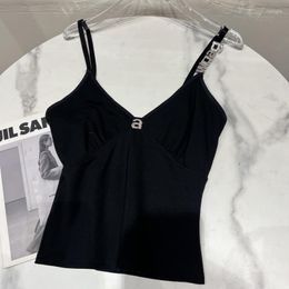 Women's Tanks PREPOMP 2023 Summer Arrival Sleeveless V Neck Rhinestone Letters Black Slim Tank Top Women Vest Camisole GE715