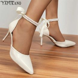 Sandals Bow Faux Pearl Decor Stiletto Heeled Ankle Strap Pumps Party Wedding Shoes Pointed Toe Mid Hollow High Heels 2023 New Arrivals J230518