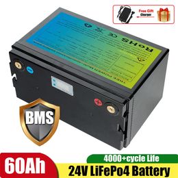 24V 60Ah LiFepo4 Lithium Battery Pack Deep Cycle 4000 Times for Solar System Inverter RV Motorhome boat+10A Charger