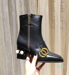 Martin Short Boots Women Shoes High Heeled Lady Boot Belt Buckle Metal Zipper Thick Heels Leather Designer Fashion Pearl