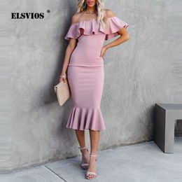 Dresses Casual Solid Color Off Shoulder Slim Vestido Women Summer Sexy Ruffle Slash Neck Dresses Elegant Simple Midi Party Mermaid Dress