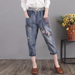 Jeans Vintage Harem Denim Pants Women 2022 New Floral Embroidery Trousers Elastic High Waist Vintage Female Capris Jeans 3XL