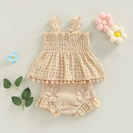 Clothing Sets Summer New Toddler Baby Girls Outfit Solid Pleated Hollow Out TopsandStretch Ruffle Shorts 2PCS Clothes Set