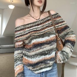Women's Sweaters Vintage Contrast Colour Striped Casual Long-sleeved Sweater Women 2023 Spring Sexy Off-the-shoulder Slim Knitted Crop Tops