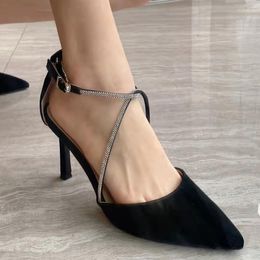 Sandals Summer Crystal Strap Solid Color Zapatos Mujer Pointed Toe Women Shoes Fashion Female Pumps Fine Heels Casual Ladies