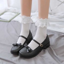 Socks Hosiery Cute Japanese lolita style female socks knit short socks with lace high quality black and white solid Colour for summer P230517