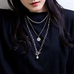 Pendant Necklaces Normcore Style Hip Hop Fashion Metal Three-Layer Necklace Coin Ball Multi-Layer Net Red Sweater Chain