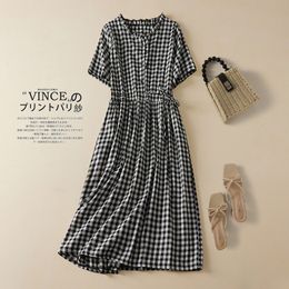 Basic Casual Dresses Arrival Thin Cotton Fashion Plaid Summer Dress Draw String Office Lady Work Dress Women Travel Casual Midi Dress 230518