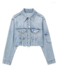 Women's Jackets In Cropped Denim Jacket Women Blue Jean For 2023 Long Sleeve Bomber Short Coat Streetwear Ripped Spring Fashion