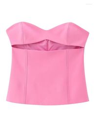 Women's Tanks Women Fashion Pink Hollow Out Back Zipper Cropped Corsets Tops Vintage Strapless Fmeale Chic Lady Crop Top