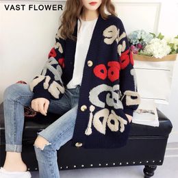 Cardigans Letter Pattern Knitted Sweater Women Winter New Korean Oversized Long Sleeve Single Breasted Thick Fashion Loose Cardigan 2021