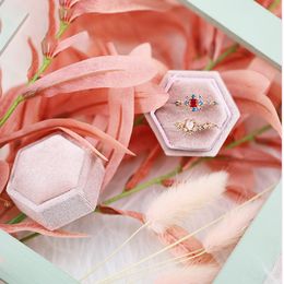 Jewelry Stand Lovely Hexagon Shape Velvet Ring Box Double Storage Wedding Display For Women Gift Earrings Packaging Pink 230517