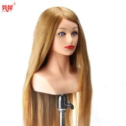 Mannequin Heads 24" Mannequin Head High Grade 80% Real Hair Hairdressing Head Dummy Nice Dolls Blonde Long Hair Training Head With Shoulder 230517