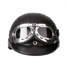 Motorcycle Helmets 54-60cm Retro Style Scooter Open Face Half Leather Helmet With Visor UV Goggles