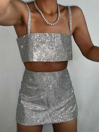 Two Piece Dress wsevypo Shiny Glitters Summer 2 Pieces Outfits Women Clubwear Set Sleeveless Backless Sling Crop Tank Tops+Mini Skirts Party Set P230517