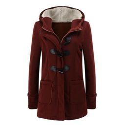 Women's Wool & Blends Women Jacket 2023 Fashion Warm Cow Horn Buckle Big Pockets Coat Solid Color Fleece Lined Hooded Winter Overcoat Outerw