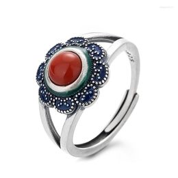 Cluster Rings 799FJ ZFSILVER Silver S925 Fashion Trendy Adjustable Retro South Red Agate Glaze Sunflower For Girls Women Wedding Jewelry