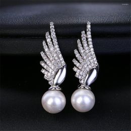 Stud Earrings Fashion Luxury Feather Pearl Dangle Earring For Women Elegant Angle Wing Zircon Wedding Engagement Jewellery