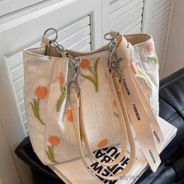 Stuff Sacks Canvas Tote Bag Women Handbag Shoulder Bag Flower Embroidery Print Ladies Casual Reusable Large Capacity Shopping Beach Bag