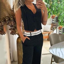 Women's Two Piece Pants Elegant Set For Women Summer Chick V Neck Sleeveless Strip Printed Single Breast Button Top Straight Sets