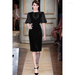 Casual Dresses Janeyiren Fashion Show Dress Autumn/Winter Women Bubble Sleeve Beaded Velvet Black Pencil Skirt