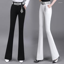 Women's Pants Large Size White Flare Women 2023 Spring Summer Office Lady Korean Style Slim Solid Elastic High Waist Trousers Black