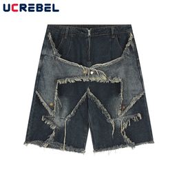 Men's Jeans High Street Fivepointed Star Patch Denim Shorts Mens Summer Loose Hip Hop Raw Edge Kneelength 230517