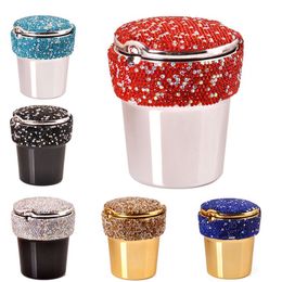Latest Colorful Cup Diamond Ashtray Inlay Rhinestone Dry Herb Tobacco Cigarette Smoking Ash Container Ashtrays LED Lighting Cars Decoration Car Holder