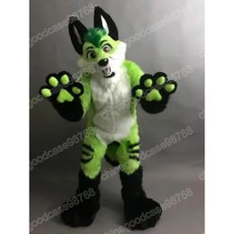 Performance Green Long Fur Fursuit Husky Mascot Costume Halloween Christmas Fancy Party Dress Cartoon Character Outfit Suit Carnival Party Outfit For Men Women
