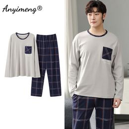 Men's Sleepwear Autumn Long Sleeve Pajamas Set for Men Plus Size Sleepwear Kinttied Cotton Pajama for Boy Plaid Minimalist Style for Gentleman 230518