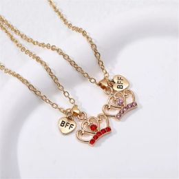 Fashion Red Rhinestone Crown Pendant Gold Plated Necklace Alloy South American Best Friends BFF Heart Childrens Necklaces Jewellery for Girls