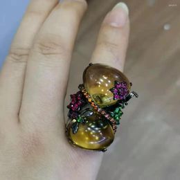 Cluster Rings S925 Sterling Silver Black Gold Natural Citrine Heart-shaped Exaggerated Jewelry Female Ring Dragonfly Flower Red Green Yellow