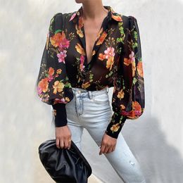 Women's Blouses Shirts Spring Fall Puff Sleeve Blouse Women Floral/Leopard Long Lapel Buttons Vintage Elegant Tops Female 230518