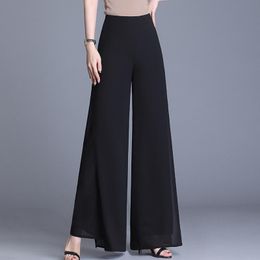 Capris 2023 Summer Women Chiffon Black Pants High Waist Wide Leg Pants Casual Long Trousers Loose Side Split Korean Pants