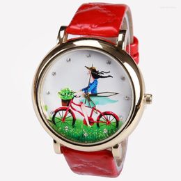 Avanadores de pulso gnova platinum women assistem Big Dial Hat Girl Bike Spring Fashion Fashion Wristwatch Pu Leather Retro Vintage Geneva estilo A082