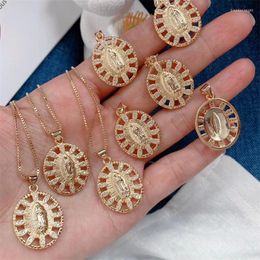 Choker 6Pcs Fashion Jewellery CZ Pave Oval Virgin Mary Charm Necklace Cubic Zirconia Religious Faith Pendant Chain For Women Men