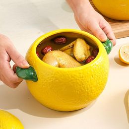 Bowls Creative Two-ear Orange Soup Bowl Large Capacity Ceramic With Lid Household Cute Shape Noodle