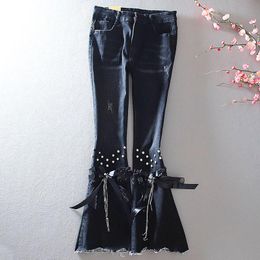 Jeans Brand Luxury Beading Stretch Slim Fit Flare Pants Women Fashion Sequined High Waist Jeans Female Casual Black Trousers New