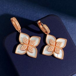 Dangle Chandelier Luxury Brand Fashion Earrings Retro Lucky Clover Flower Earring 18K Gold Colour Shell Cubic Zirconia Stones Women Jewellery 230517